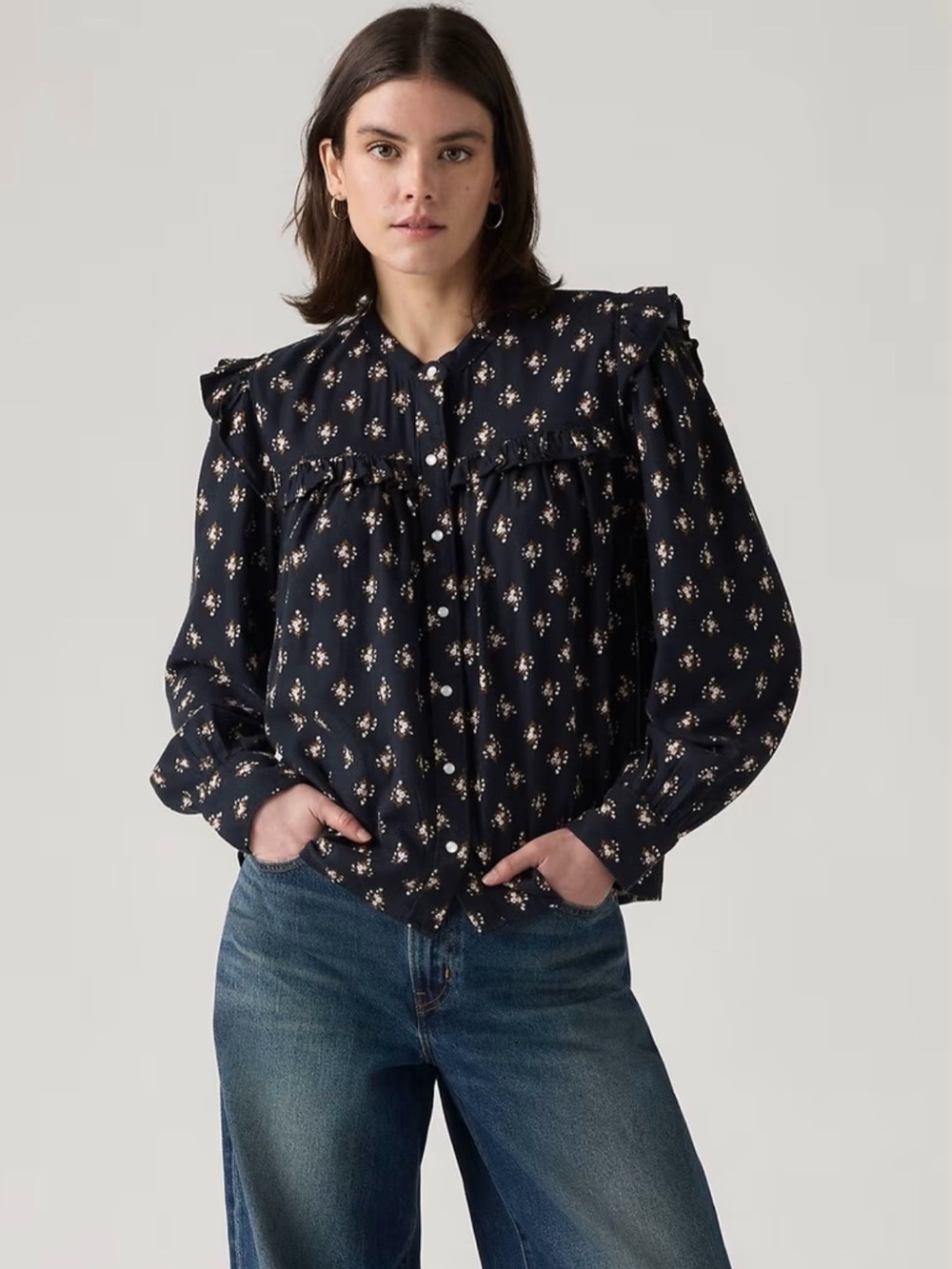 Navy Floral Ruffle Snap Button Blouse - Picture 2 of 9